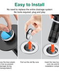 Installation steps for Universal Bathroom Sink Drain Strainer And Pop Up Stopper hair catcher, showcasing easier plug-and-play setup.