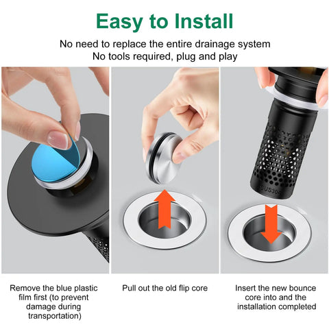 Installation steps for Universal Bathroom Sink Drain Strainer And Pop Up Stopper hair catcher, showcasing easier plug-and-play setup.