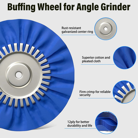 BURMONG 8-inch blue pleated-cloth buffing wheel for angle grinder; 5/8" arbor, 9-pack