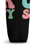 Slick Cyber Security Tote Bag Built Tough With Heavy Duty Canvas And Reinforced Strap Handles, showing colorful lettering on a black fabric.