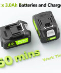 Two 3.0Ah batteries and charger for Beast Cordless Leaf Blower with 60-minute work time.