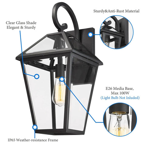 Big Outdoor Wall Lanterns Weatherproof Exterior Light Fixture With Glass Shade Matte Black Finish 21 Inch Wall Mount Porch Light