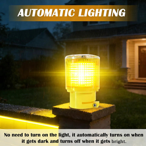 Sun Powered Solar Strobe Warning Light 360 Degree Waterproof LED Safety Light mounted outdoors, glowing in the night.