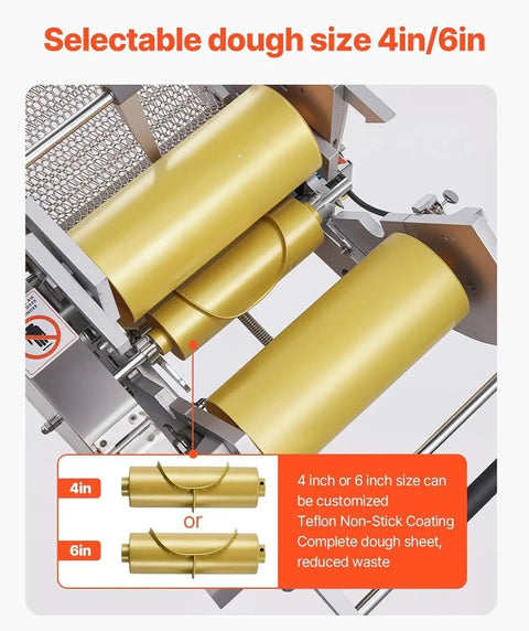Heavy Duty Commercial Tortilla Press Machine Stainless Steel Electric for Tacos Roti Chapatti Sopes showing selectable 4in/6in dough size.