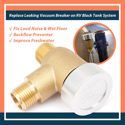 Brass RV Vacuum Breaker Check Valve For Camper Trailer Flusher One Half Inch DN Backflow Prevention, close-up view.
