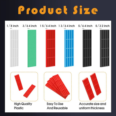 300 Piece Plastic Flat Shims For Leveling Tile And Surfaces, Multi Thickness Set From Three Sixty Fourth Inch To Fifteen Sixty Fourth Inch, Colorful Six Color Pack In Green Black White Grey Blue Red, Durable And Easy To Use For DIY And Pros - Display of sizes and colors