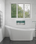 Bathroom interior with polished stainless steel horizontal bath and shower niche 24 x 12 above a tub, sleek modern design.