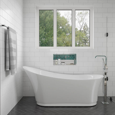 Bathroom interior with polished stainless steel horizontal bath and shower niche 24 x 12 above a tub, sleek modern design.