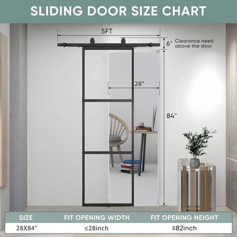Clear Tempered Glass Barn Door 28 Inch By 84 Inch With Carbon Steel Frame Pre Drilled For Easy Assembly Including 5 Foot Hardware Kit And Soft Close System For Smooth Sliding And Modern Interior Spaces shown in installed position.