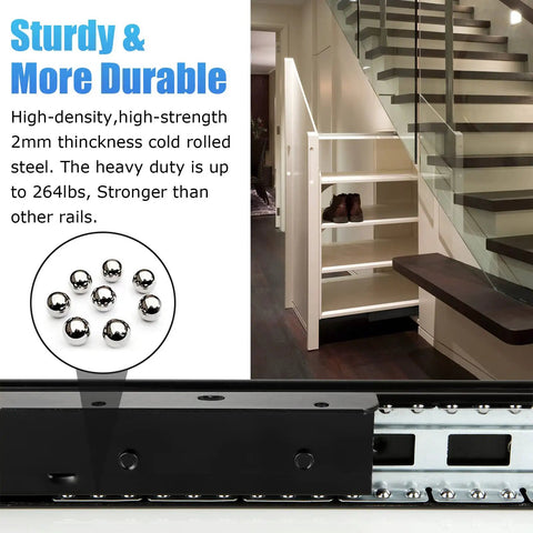 1 Pair 16 Inch Undermount Full Extension Drawer Slides Heavy Duty Bottom Mount Hidden Slides, 260 Lb Load Capacity, Thick Steel Construction, Sturdy Cabinet Glides For Closets, Cabinets, And Stair Storage. 2mm steel slide shown with stair storage installation