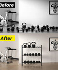Before and after showing Heavy Duty 3 Tier Dumbbell Rack For Home Gym Featuring Adjustable Width Shelves Holds Up To 390 Pounds.