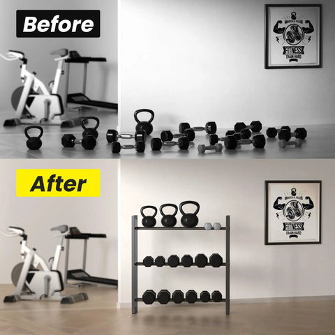 Before and after showing Heavy Duty 3 Tier Dumbbell Rack For Home Gym Featuring Adjustable Width Shelves Holds Up To 390 Pounds.