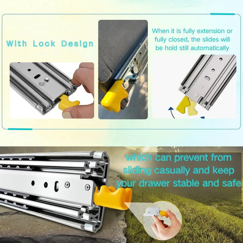 Heavy Duty Locking Drawer Slides Set 10 To 72 Inch Full Extension Ball Bearing Rails showcased with lock mechanism detail
