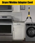Heavy Duty 50 Amp Nema 10-50P To Dual 10-50R Y Splitter Cord connecting dryer to oven in kitchen for power extension.