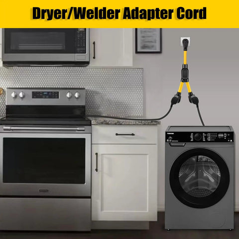 Heavy Duty 50 Amp Nema 10-50P To Dual 10-50R Y Splitter Cord connecting dryer to oven in kitchen for power extension.