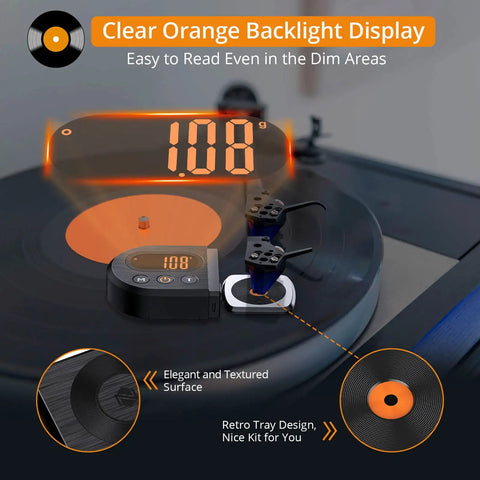 Upgraded Digital Turntable Stylus Force Scale Gauge For Precise Cartridge Tracking And Pro Grade Vinyl Sound Quality Essential Tool To Protect Records And Your Turntable Investment with orange backlit display on turntable