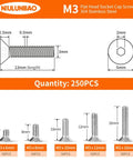 Must Have M3 Flat Head Socket Cap Screws Set In 6mm, 8mm, 10mm, 12mm, And 16mm, Countersunk Bolts With Allen Drive, Bright Finish, Fully Threaded, 304 Stainless Steel Assorted Kit, 250 Pieces diagram and description