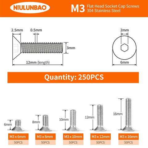 Must Have M3 Flat Head Socket Cap Screws Set In 6mm, 8mm, 10mm, 12mm, And 16mm, Countersunk Bolts With Allen Drive, Bright Finish, Fully Threaded, 304 Stainless Steel Assorted Kit, 250 Pieces diagram and description