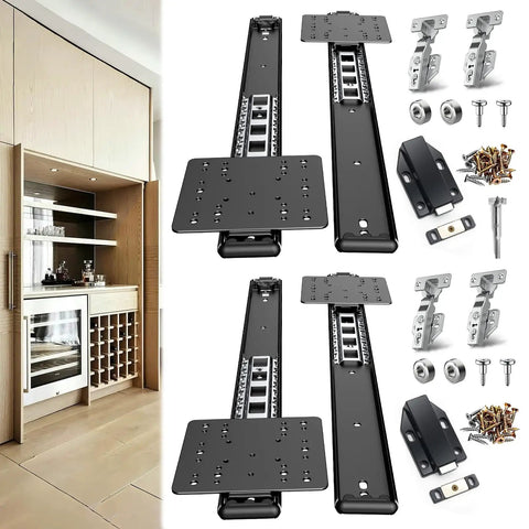 Smooth Operator 22 Inch Pocket Door Hardware Kit with steel rollers, cabinet hinges, and installation screws for sliding doors.
