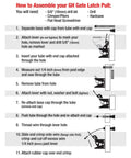 Step-by-step assembly guide for Dual Sided Outdoor Gate Latch for wood, metal, and vinyl fences with integrated pull and gravity latch.