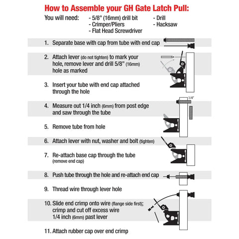 Step-by-step assembly guide for Dual Sided Outdoor Gate Latch for wood, metal, and vinyl fences with integrated pull and gravity latch.