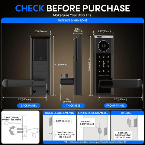 Product dimensions diagram for Next Level Smart Door Lock With Onboard Video Doorbell And Quick Fingerprint Access.