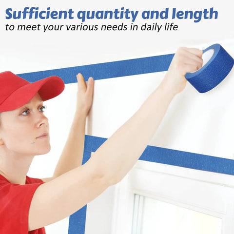 Person using Blue Painter Tape Bulk Pack 12 Rolls 2 Inch Wide 55 Yards Each For Wall Painting And Decorating DIY Friendly Safe Paper Masking Tape