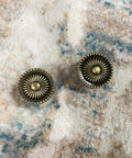 Antique Brass Mushroom Cabinet Knobs With Backplates on textured fabric, vintage drawer pulls for cabinets and dressers, 2 pack