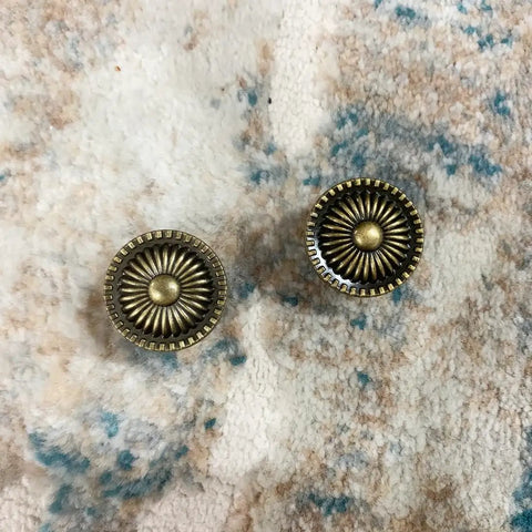 Antique Brass Mushroom Cabinet Knobs With Backplates on textured fabric, vintage drawer pulls for cabinets and dressers, 2 pack