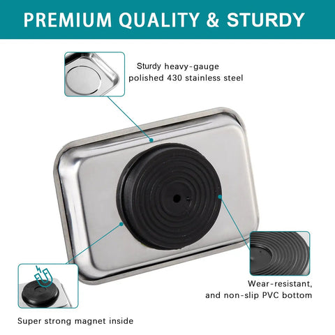 Close-up of Eight Piece Rectangle Magnetic Tray Set stainless steel tray with strong magnet, highlighting durability and non-slip design.