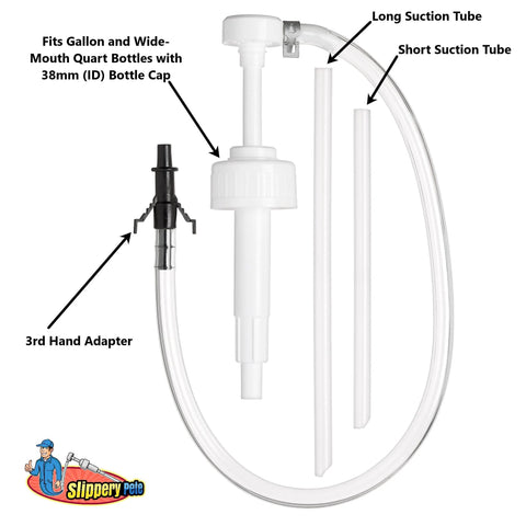 Slippery Pete fluid transfer pump kit with 38mm wide-mouth cap and third-hand adapter