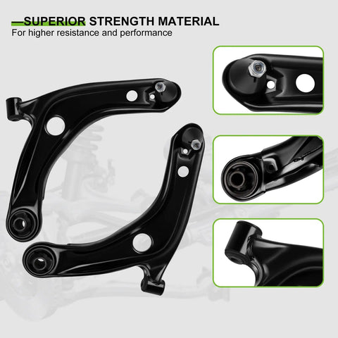8 Piece Front Suspension Kit With Lower Control Arm And Ball Joints For Toyota Yaris 2007 Through 2012 Includes Outer And Inner Tie Rod Ends And Sway Bar Link Replacement, black steel arm close-up