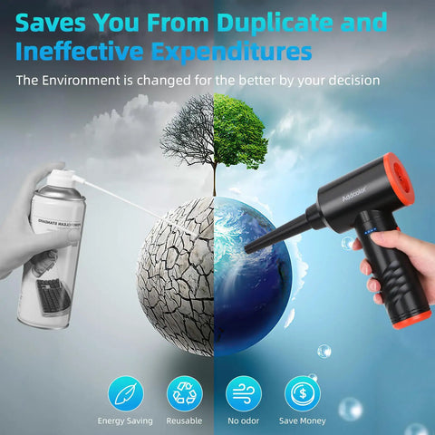 Comparison of a canned air duster and Electric Air Duster With 6000mAh Battery 3 Speed LED Turbo Clean For Home Office Car Reusable Dust Blower For Keyboard PCs Electronics HVAC Blinds And Installations No Canned Air Needed.