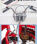 Close-up of the brake system on the Dual Seat Tandem Pedal Tricycle for Kids and Adults With Rear Passenger Seat and Double Brakes.