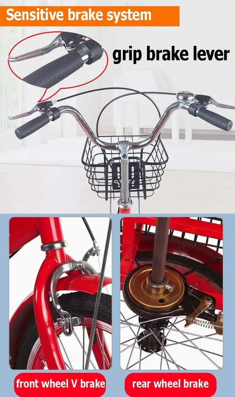 Dual Seat Pedal Tricycle For Kids And Adults, Tandem Cruiser with grip brake lever and wheel brake system