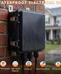 Outdoor IP67 Waterproof Electrical Junction Box Enclosure Heavy Duty ABS Plastic Weatherproof Project Box With Stainless Steel Latches And Brackets Black Hinged Cover Mounting Plate 5.9x5.9x3.5 Inches on brick wall