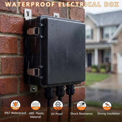 Outdoor IP67 Waterproof Electrical Junction Box Enclosure Heavy Duty ABS Plastic Weatherproof Project Box With Stainless Steel Latches And Brackets Black Hinged Cover Mounting Plate 5.9x5.9x3.5 Inches on brick wall