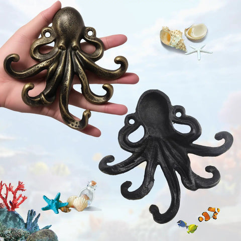 Tough As Nails 2 Pack Octopus Wall Hooks Heavy Duty Cast Iron 5 Arm Design shown together in antique bronze and black finishes.
