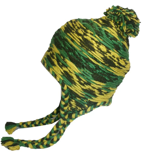 Cozy Winter Wool Knit Beanie With Fleece Lined Earflaps For Cold Weather Ski And Mountaineering, Ultra Warm, Green and Yellow