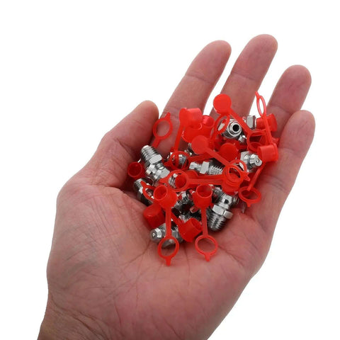 Twenty Pieces Of Grease Fitting Tips Replacement Straight Nozzle Kit For Your Ride Perfect For Quick Fixes And Making Maintenance Super Easy When You Need Some Serious Vehicle Repair Parts To Keep Things Rolling Smooth Like A Charm. 20-piece iron grease fitting tips with red caps in hand