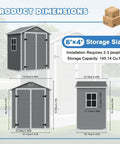 Dimensions diagram of 6x4 Ft Outdoor Resin Storage Shed With Floor And Window, All Weather Waterproof Plastic Garden Tool Shed With Lockable Double Doors And Ramp For Mower And Bike, Backyard Storage Gray.