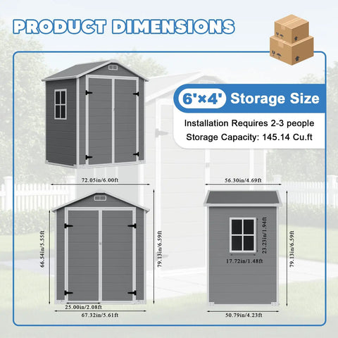 Dimensions diagram of 6x4 Ft Outdoor Resin Storage Shed With Floor And Window, All Weather Waterproof Plastic Garden Tool Shed With Lockable Double Doors And Ramp For Mower And Bike, Backyard Storage Gray.