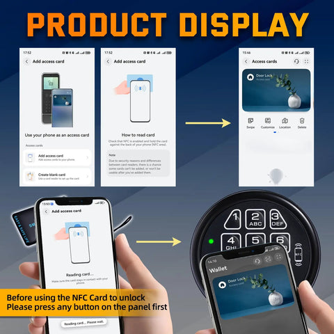 Hella Secure Smart Nfc Mobile Control Safe Electronic Lock Replacement Keypad setup process with phone and NFC cards.