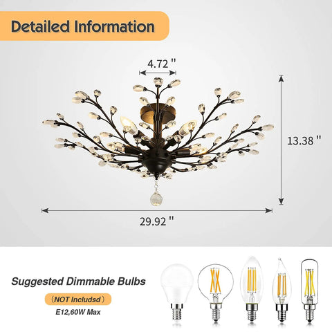 Vintage Crystal Chandelier Five Light Semi Flush Mount Ceiling Light In Black dimensions with bulb suggestions.