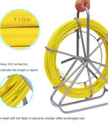 Heavy Duty Fiberglass Fish Tape 425 Ft 6MM Duct Rodder With Brake, yellow reel with length markings and steel frame