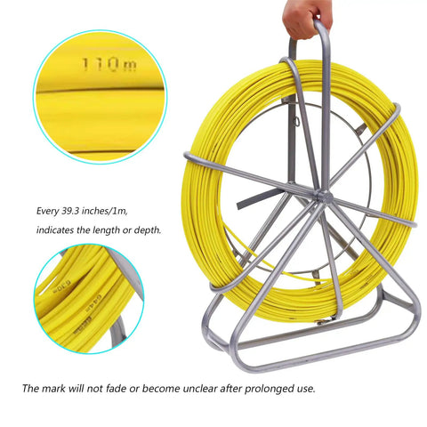 Heavy Duty Fiberglass Fish Tape 425 Ft 6MM Duct Rodder With Brake, yellow reel with length markings and steel frame