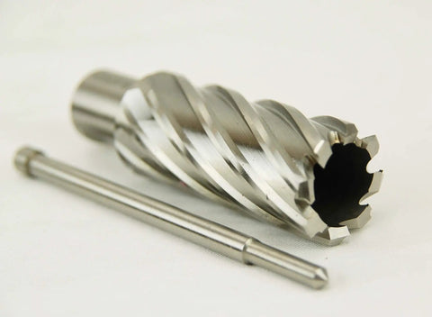 Heavy Duty Magnetic Drill Press That Is A Total Knockout With Six Piece Annular Cutter Set For Badass Steel Jobs and Quick Setup on Any Job Site, two metallic annular cutter bits.