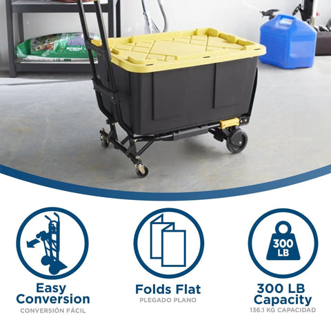 Shifter Multi-Position Folding Hand Truck And Cart, black and yellow, holds storage box, shown as four-wheel cart, 300 lb capacity