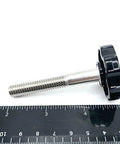 5/16 Inch Stainless Steel Thumb Screw With Black Round Fluted Plastic Knob, side view showing threaded shaft and knob.