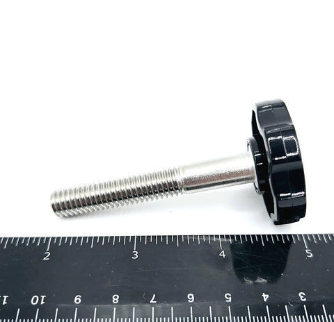 5/16 Inch Stainless Steel Thumb Screw With Black Round Fluted Plastic Knob, side view showing threaded shaft and knob.